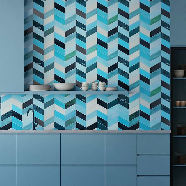 Elizabeth Sutton Meta Tulum Turquoise Blue 2x5 Chevron Glossy Glass Mosaic Tile