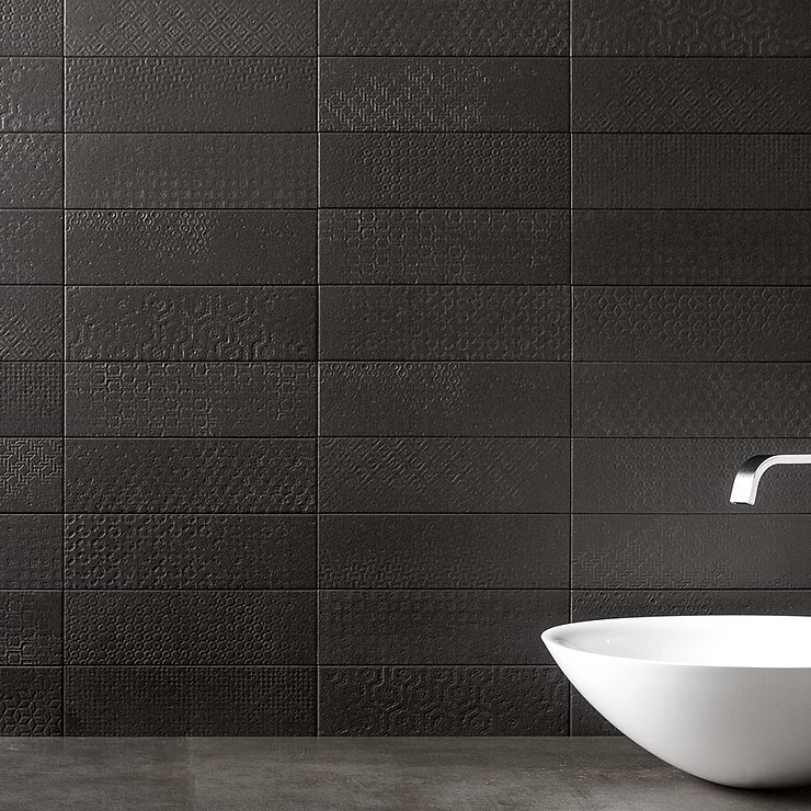 Tessuto Carbone Charcoal Black 4x12 Porcelain Matte Subway Tile