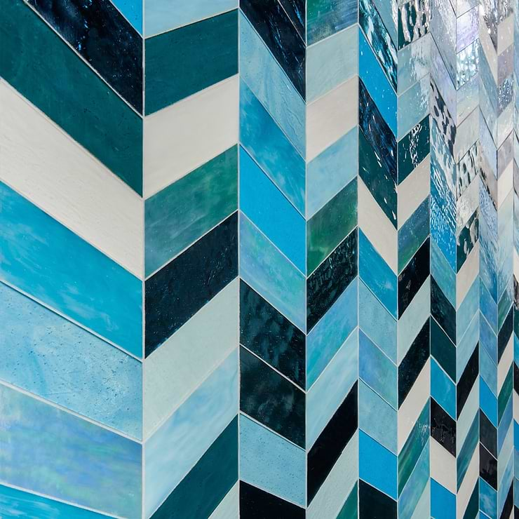 Elizabeth Sutton Meta Tulum Turquoise Blue 2x5 Chevron Glossy Glass Mosaic Tile