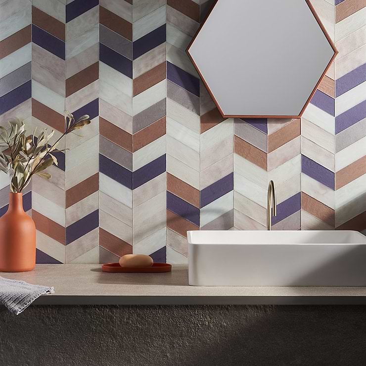 Meta Rio Rose Gold 2x5 Chevron Glossy Glass Mosaic by Elizabeth Sutton; in Rose Gold, Pink, White, Silver, Purple Stained Glass; for Backsplash, Bathroom Wall, Kitchen Wall, Shower Wall, Wall Tile; in Style Ideas Mediterranean, Modern, Tropical, Whimsical