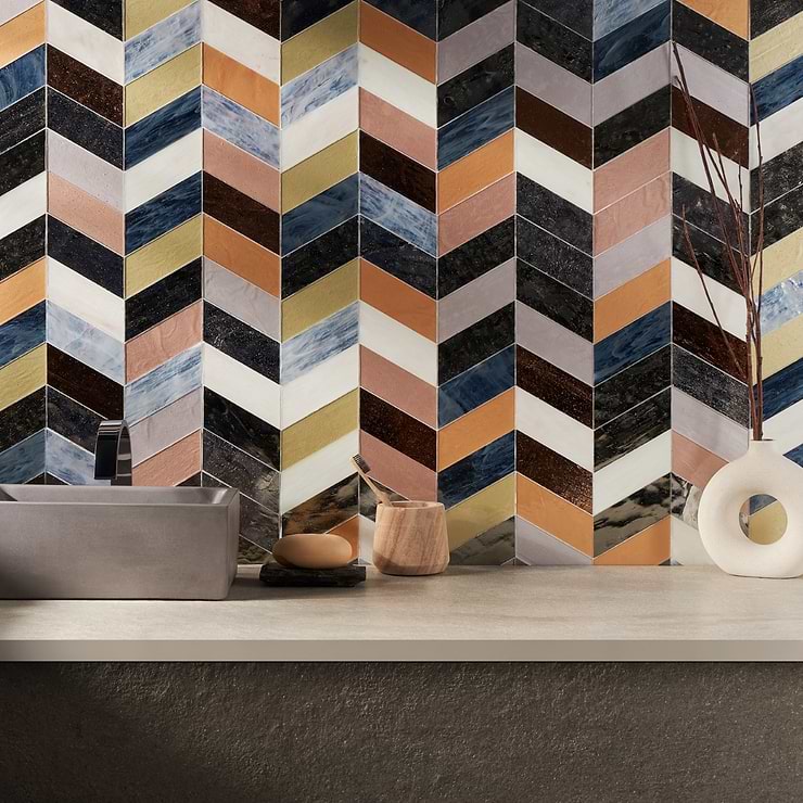Meta Mixed Malibu Metallic 2x5 Chevron Glossy Glass Mosaic by Elizabeth Sutton; in Silver, Gold, Copper, Bronze, Pink, Gray Stained Glass; for Backsplash, Bathroom Wall, Kitchen Wall, Shower Wall, Wall Tile; in Style Ideas Mediterranean, Modern, Tropical, Whimsical