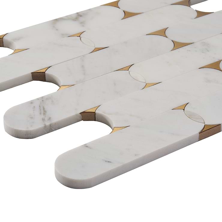 Norway Calacatta White 2x6 Polished Marble and Brass Waterjet Mosaic Tile