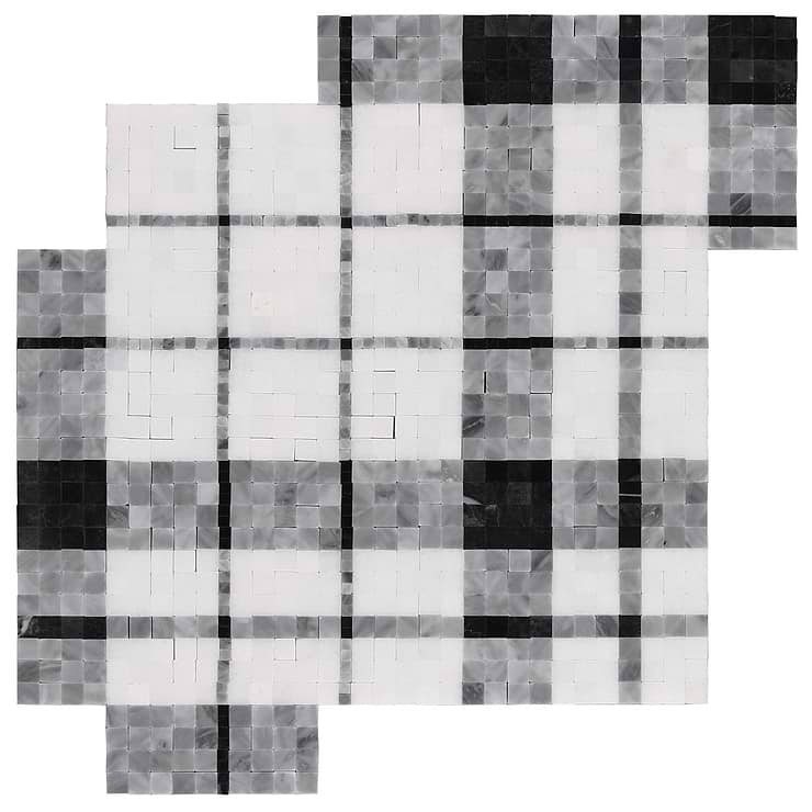 Microsaic Plaid Bardiglio Black & White Polished Marble Mosaic Tile