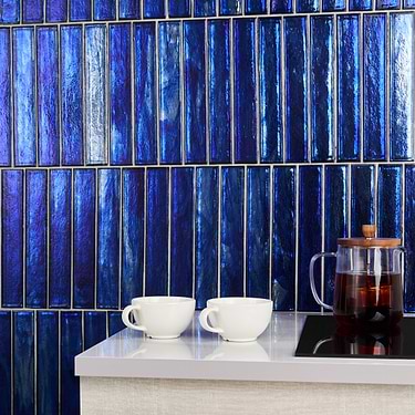 Komorebi Brick Athens Blue 2x12 Polished Glass Subway Tile - Sample