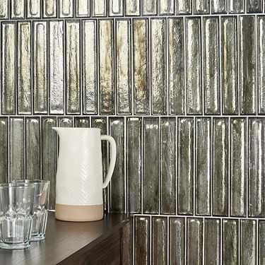 Komorebi Brick Rainforest Dew Metallic 2x12 Polished Glass Subway Tile - Sample
