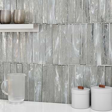 Komorebi Brick Mineral Ice Gray 2x12 Polished Glass Subway Tile - Sample
