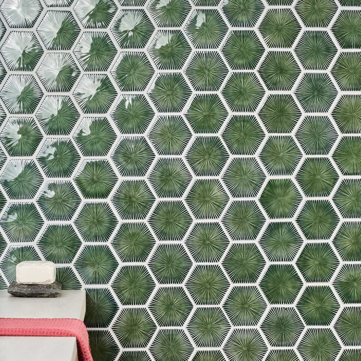 Nabi Hexagon Deep Emerald Green 3" Crackled Glossy Glass Mosaic Tile