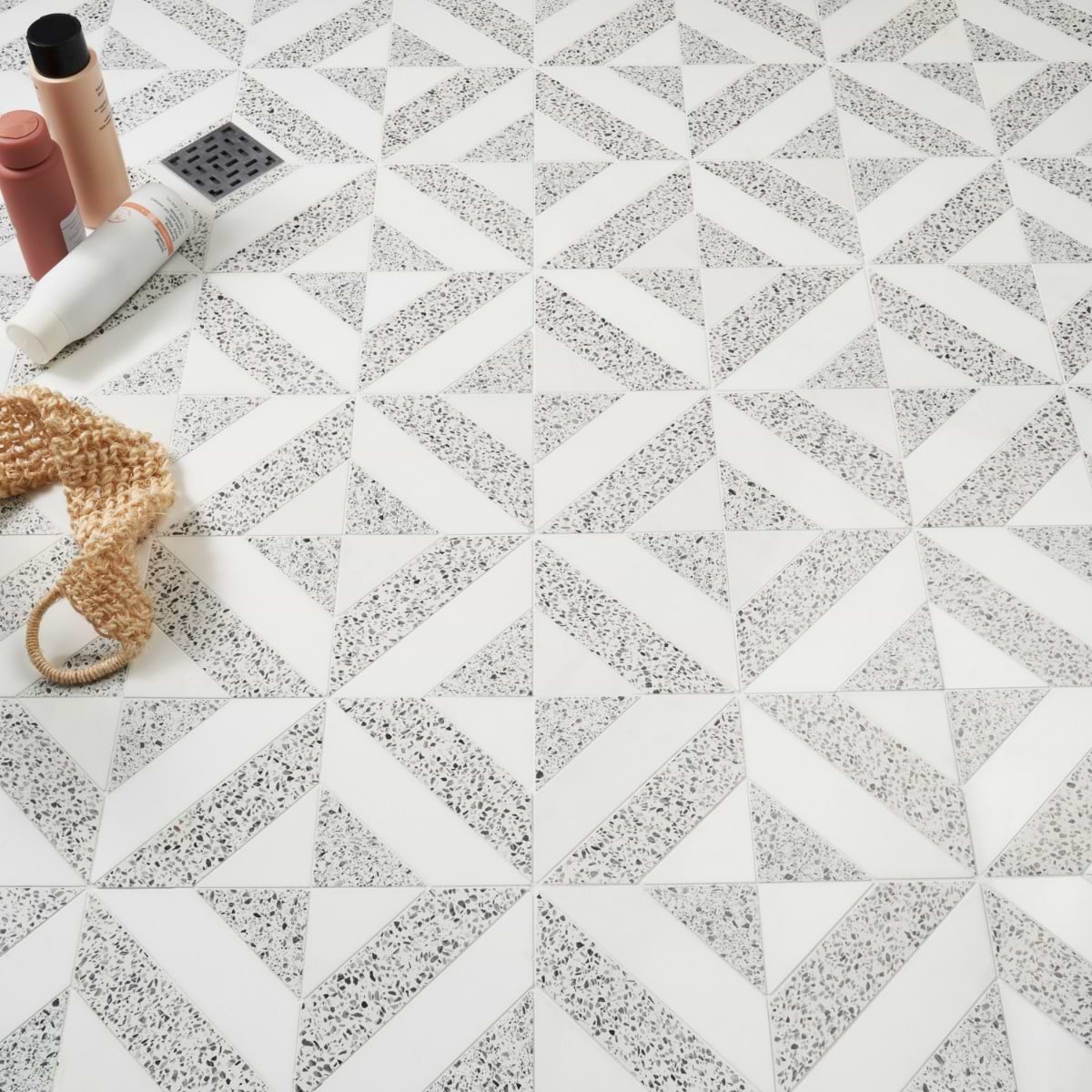 Cleopatra Diagonal Truffle White Terrazzo and Bianco White Marble Polished Mosaic