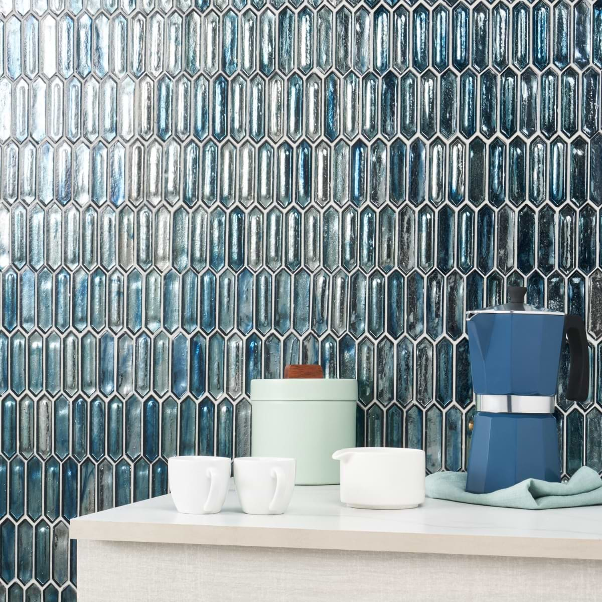 Komorebi Picket Jet Stream Blue 1x3 Polished Glass Mosaic