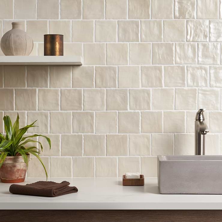 Montauk Sand Dune Beige 4x4 Mixed Finish Ceramic Tile; in Cream White Body Ceramic; for Backsplash, Bathroom Wall, Kitchen Wall, Shower Wall, Wall Tile; in Style Ideas Beach, Classic, Contemporary, Cottage, Craftsman, Farmhouse, Industrial, Mediterranean, Mid Century, Modern, Traditional, Transitional