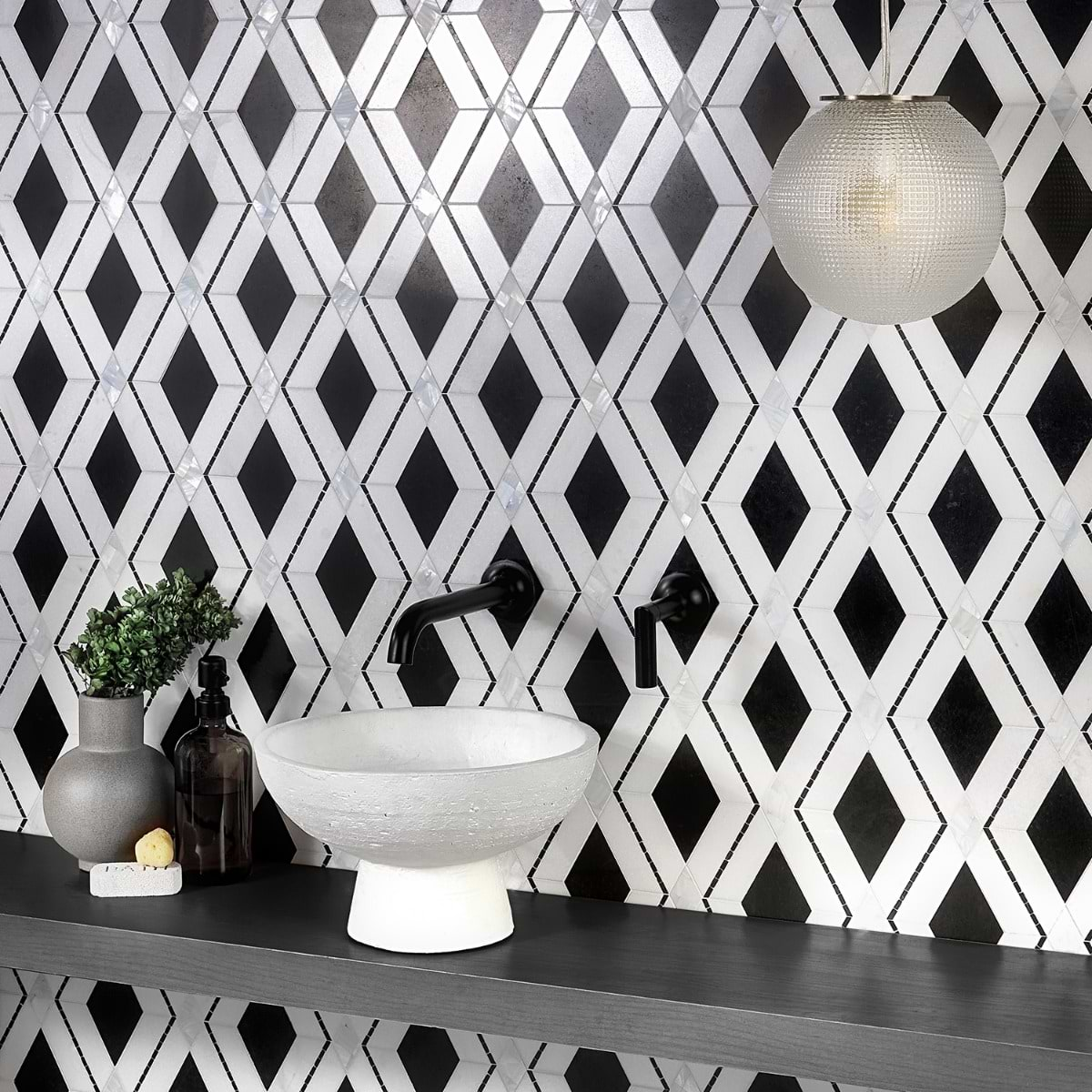 Diana Nero Black & White Polished Marble and Pearl Mosaic Tile