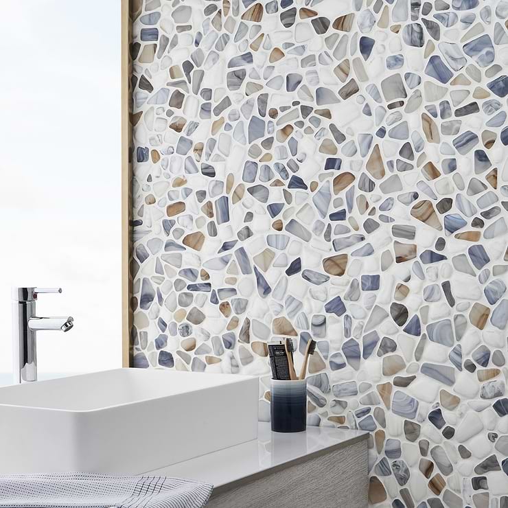 Riverglass Beige Frosted Glass Mosaic; in White + Light Blue + Beige + Gray  Glass; for Backsplash, Bathroom Floor, Bathroom Wall, Kitchen Floor, Kitchen Wall, Pool Tile, Shower Wall, Wall Tile; in Style Ideas Beach, Contemporary, Cottage, Mediterranean, Traditional, Transitional