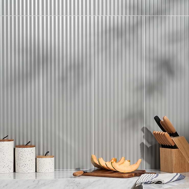 Mod 3D Lunar Gray 12x36 Fluted Matte Ceramic Tile; in Gray  Ceramic; for Backsplash, Bathroom Wall, Kitchen Wall, Shower Wall, Wall Tile; in Style Ideas Beach, Contemporary, Modern, Transitional
