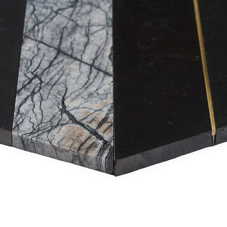 Margo Black and Gold 9" Hexagon Polished Nero Marquina Marble and Brass Mosaic Tile