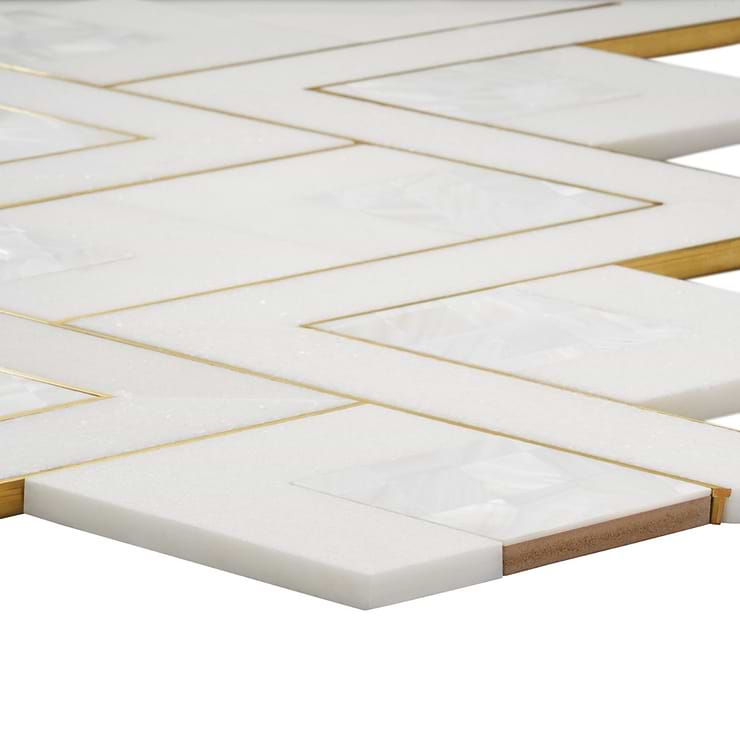 Zeta Pearl White Polished Marble- Pearl and Brass Waterjet Mosaic Tile