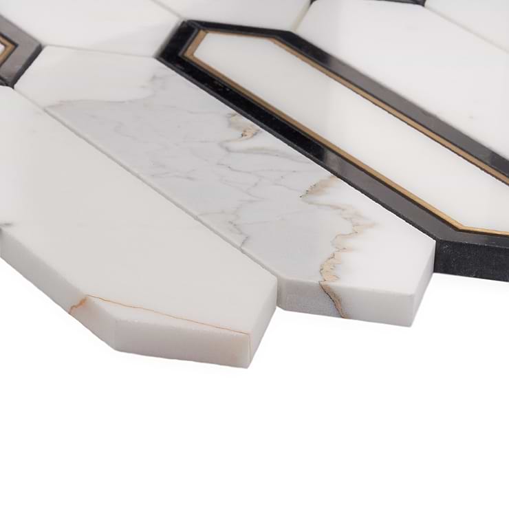 Zeus White Calacatta 2x8 Picket Polished Marble and Brass Waterjet Mosaic Tile