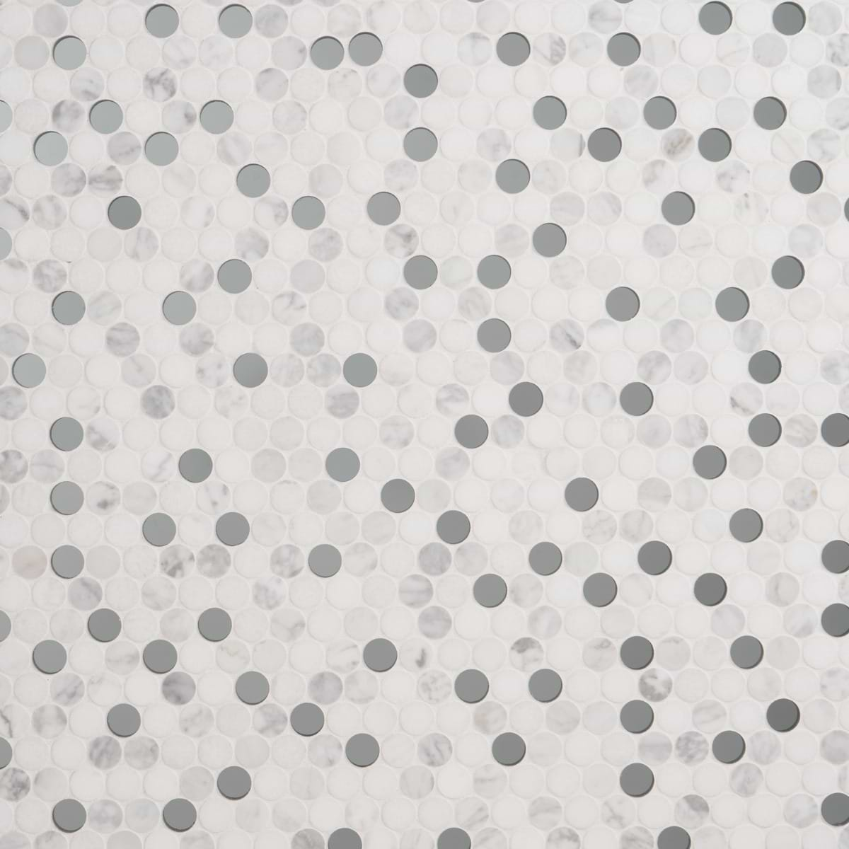 Reflection White Carrara Thassos Marble & Mirror 1" Penny Round Polished Mosaic Tile