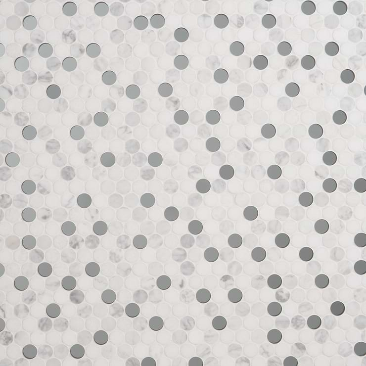 Reflection White Carrara Thassos Marble & Mirror 1" Penny Round Polished Mosaic Tile