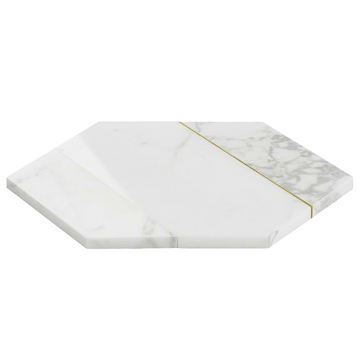 Margo White and Gold 9" Hexagon Polished Calacatta Marble and Brass Mosaic Tile