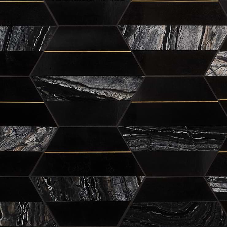 Margo Black and Gold 9" Hexagon Polished Nero Marquina Marble and Brass Mosaic Tile