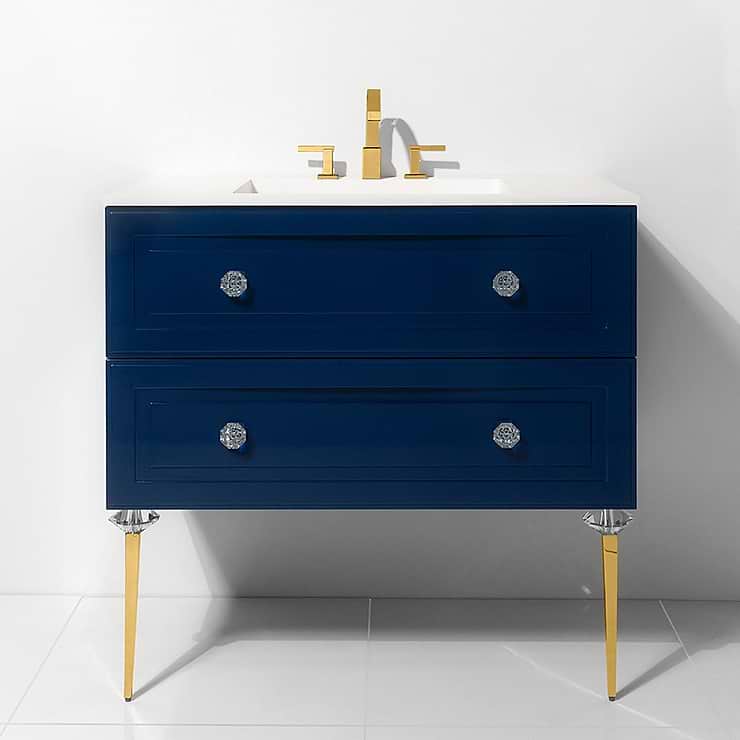 Alma Blue 30" Vanity with Gold  and Lucite Legs and Hardware