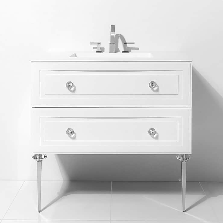 Alma Bianca White 36" Vanity with Chrome and Lucite Legs and Hardware