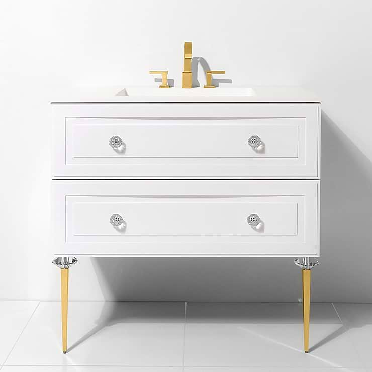 Alma Bianca White 36" Vanity with Gold  and Lucite Legs and Hardware