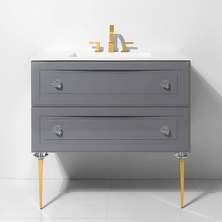 Alma Grigio Gray 30" Vanity with Gold  and Lucite Legs and Hardware