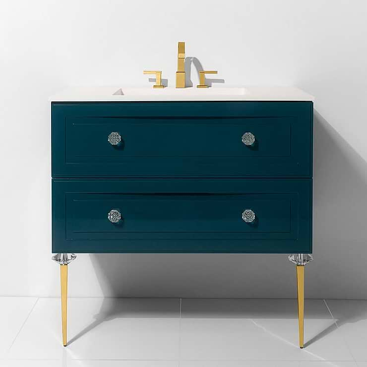 Alma Turchese Blue 42" Vanity with Gold  and Lucite Legs and Hardware