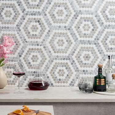 Juno Honeycomb Beige and Gray 1" Hexagon Polished Marble Mosaic