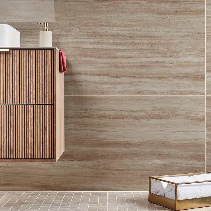 Nashville Beige 24x48 Travertine Look Polished Porcelain Tile; in Beige Colorbody Porcelain; for Backsplash, Bathroom Wall, Commercial Floor, Kitchen Wall, Outdoor Floor, Outdoor Wall, Shower Wall, Wall Tile; in Style Ideas Beach, Classic, Mid Century, Traditional; released 2024; new, trends