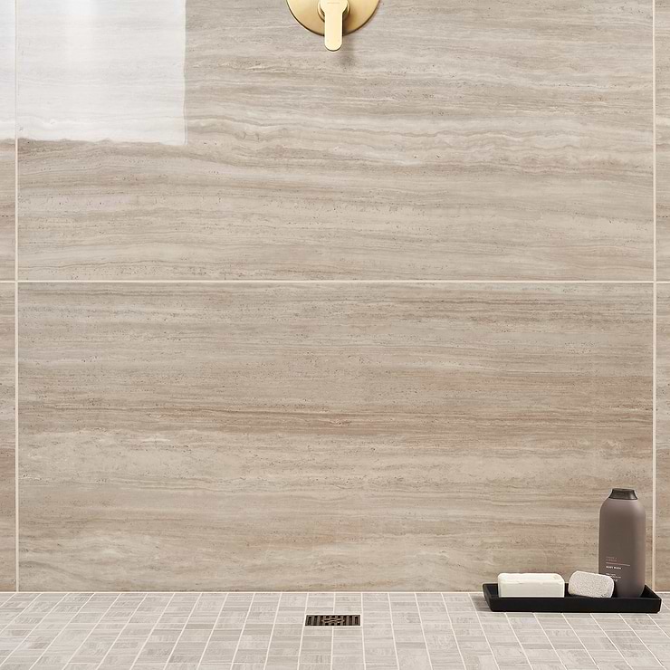 Nashville Taupe Beige 24x48 Travertine Look Polished Porcelain Tile; in Taupe Colorbody Porcelain; for Backsplash, Bathroom Wall, Commercial Floor, Kitchen Wall, Outdoor Floor, Outdoor Wall, Shower Wall, Wall Tile; in Style Ideas Beach, Classic, Mid Century, Traditional; released 2024; new, trends