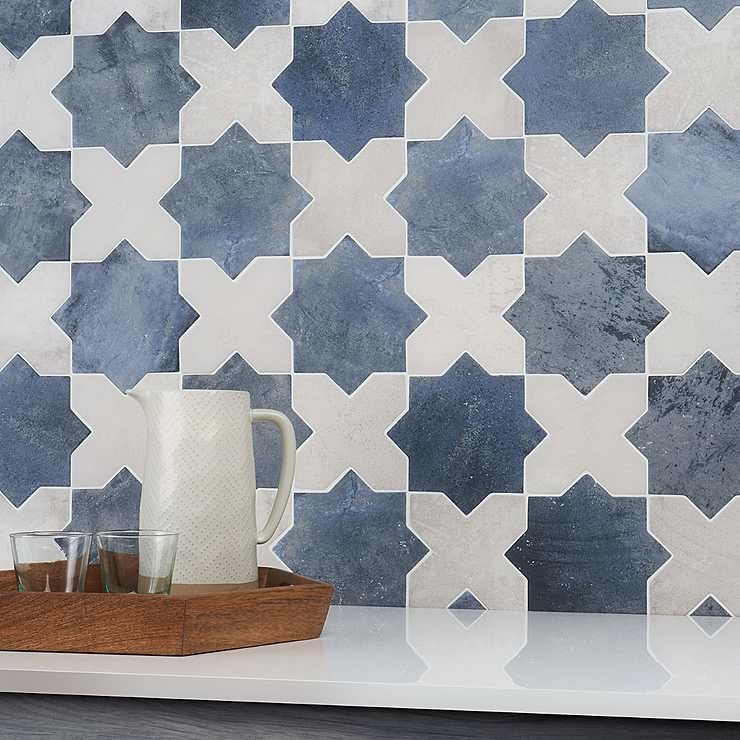 Not for Sale-Parma Denim Blue Matte Star and White Matte Cross 6" Terracotta Look Porcelain Tile