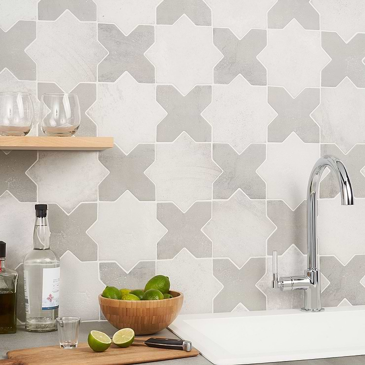 Not for Sale-Parma White Matte Star and Dove Gray Matte Cross 6" Terracotta Look Porcelain Tile