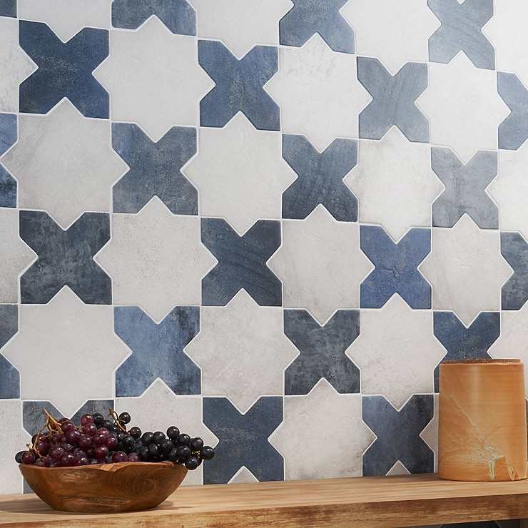 Not for Sale-Parma White Matte Star and Denim Blue Matte Cross 6" Terracotta Look Porcelain Tile