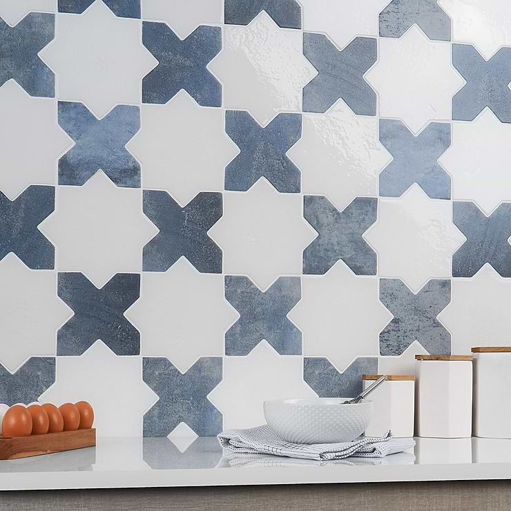 Not for Sale-Parma White Polished Star and Denim Blue Matte Cross 6" Terracotta Look Porcelain Tile