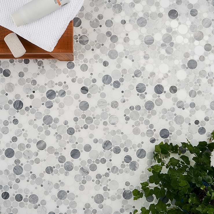 Kinetic Fog White Small Circles Polished Marble Mosaic Tile