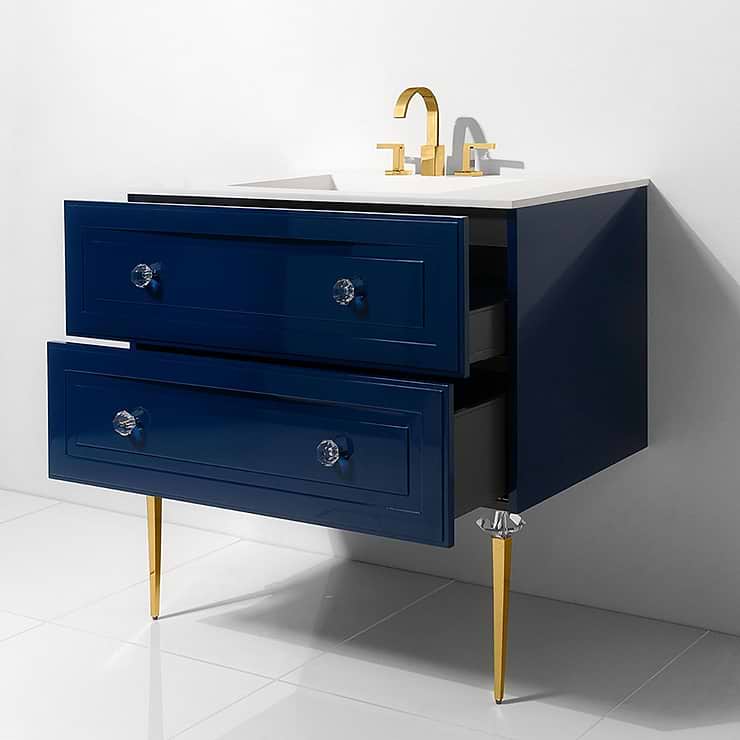 Alma Blue 42" Vanity with Gold  and Lucite Legs and Hardware