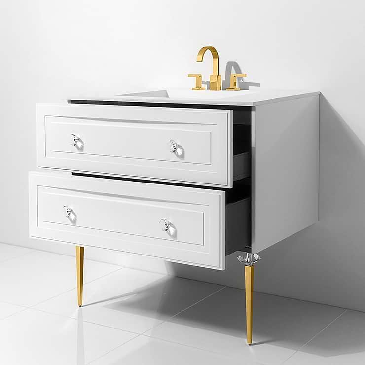 Alma Bianca White 36" Vanity with Gold  and Lucite Legs and Hardware