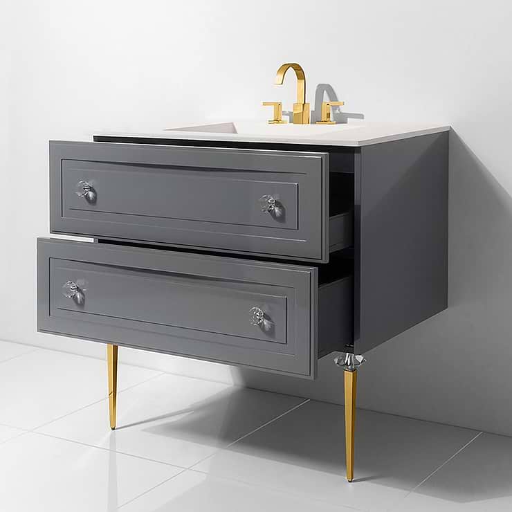 Alma Grigio Gray 30" Vanity with Gold  and Lucite Legs and Hardware