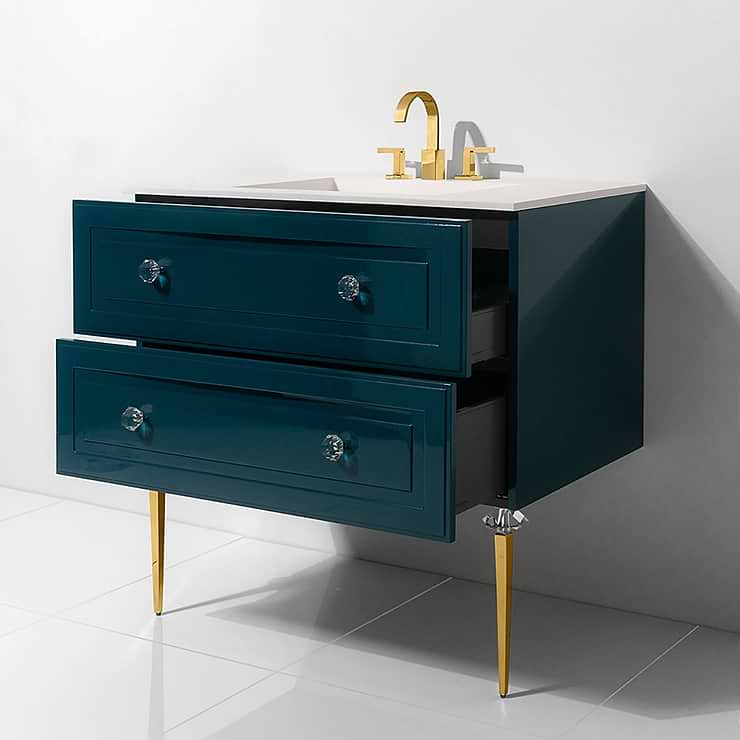 Alma Turchese Blue 30" Vanity with Gold  and Lucite Legs and Hardware