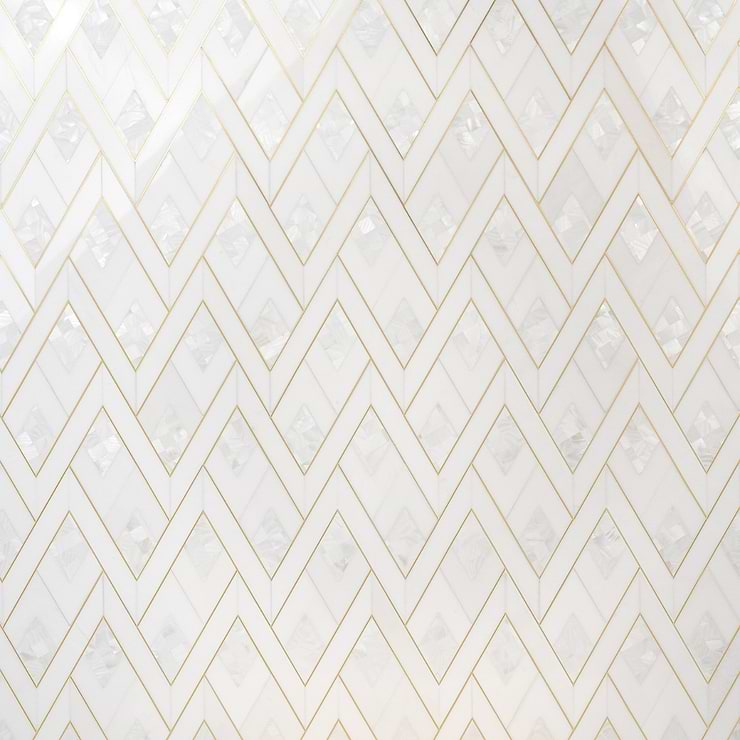 Zeta Pearl White Polished Marble- Pearl and Brass Waterjet Mosaic Tile