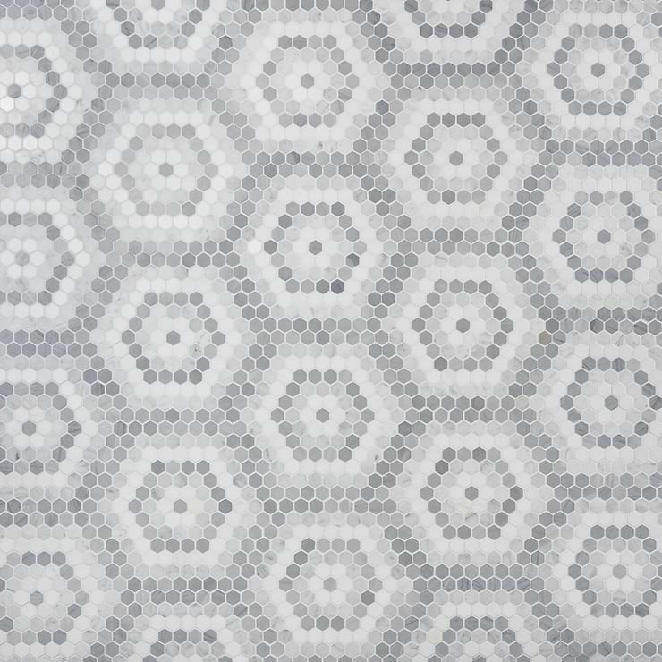 Juno Honeycomb Gray and White 1" Hexagon Polished Marble Mosaic Tile