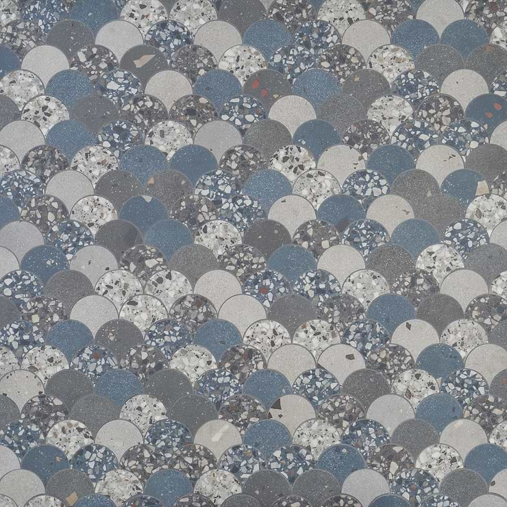 Kobe Fishscale Cool Blue Mix 4" Terrazzo Look Matte Porcelain Mosaic Tile