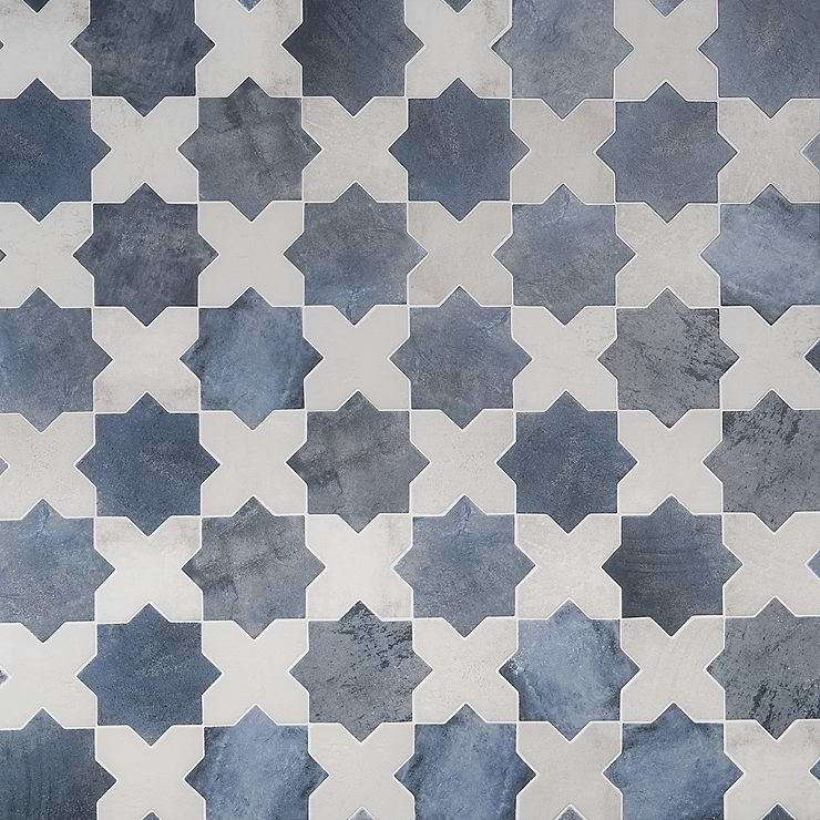 Not for Sale-Parma Denim Blue Matte Star and White Matte Cross 6" Terracotta Look Porcelain Tile