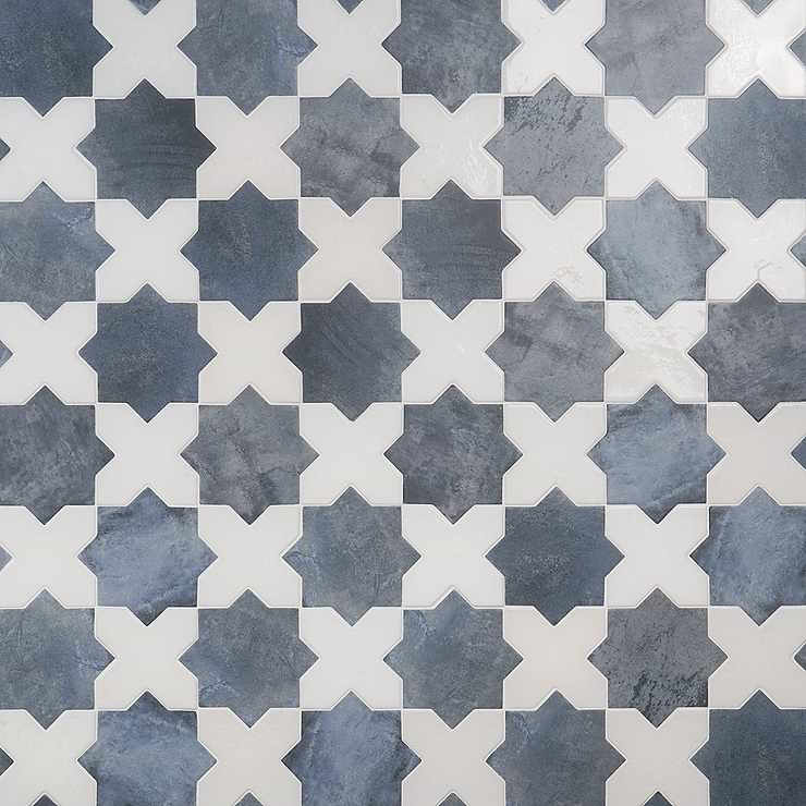 Not for Sale-Parma Denim Blue Matte Star and White Polished Cross 6" Terracotta Look Porcelain Tile