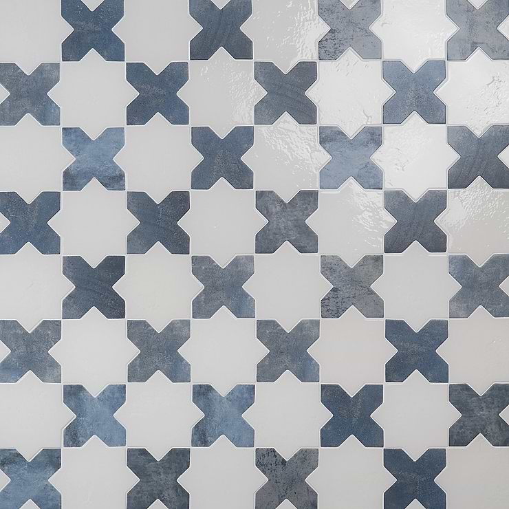 Not for Sale-Parma White Polished Star and Denim Blue Matte Cross 6" Terracotta Look Porcelain Tile