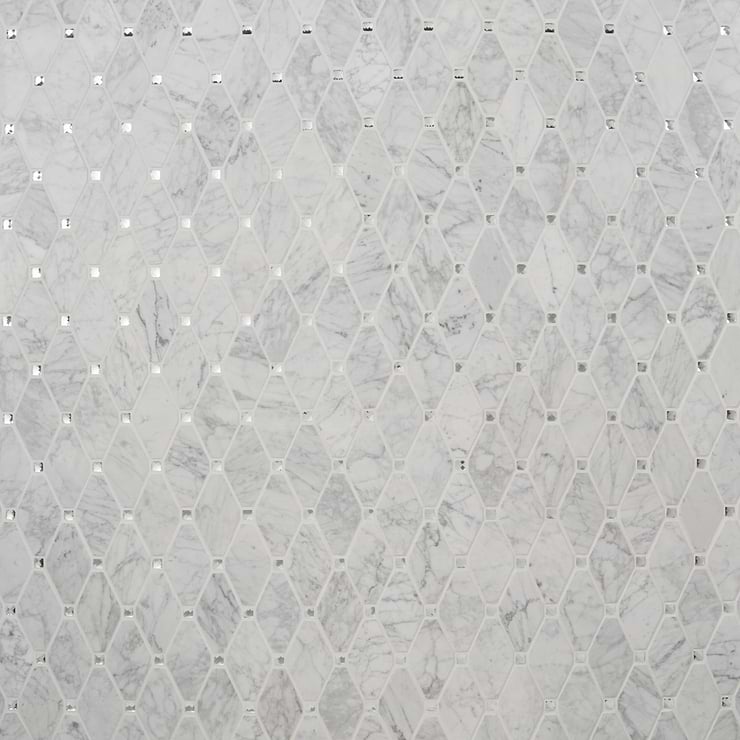 Reflection White Carrara 3x5 Diamond & Mirror Polished Marble & Glass Mosaic Tile