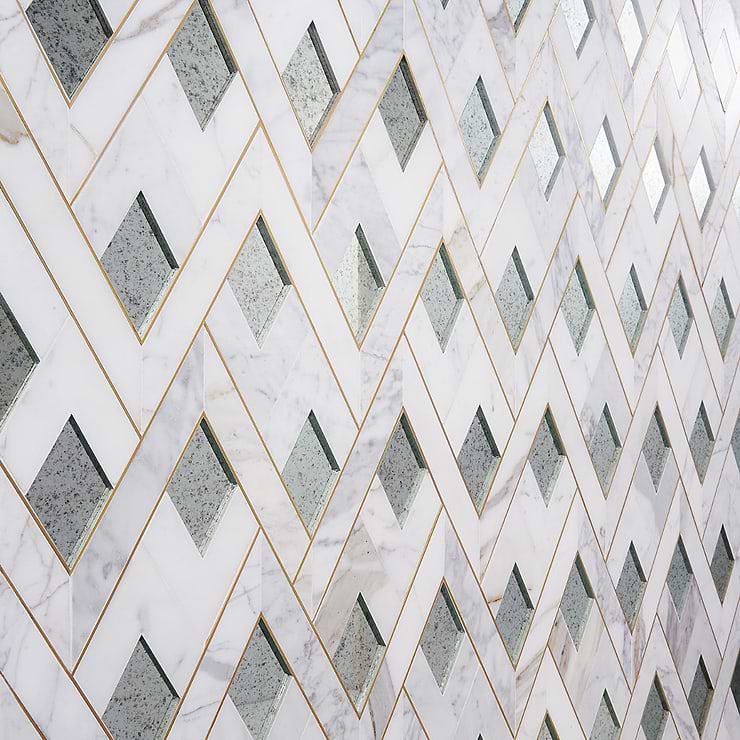 Zeta Mirror Silver Polished Marble- Antique Mirror and Brass Waterjet Mosaic Tile