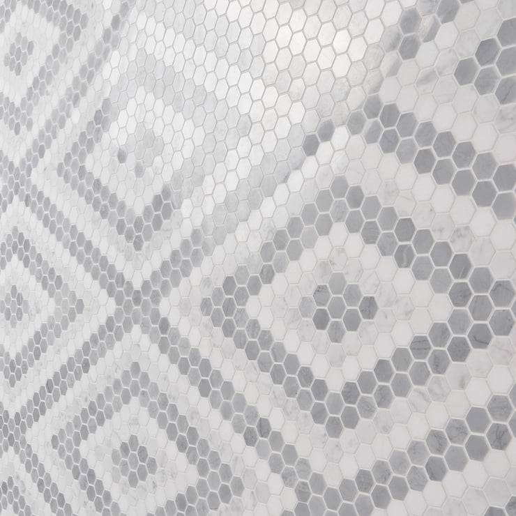 Juno Diamond Gray and White 1" Hexagon Polished Marble Mosaic Tile